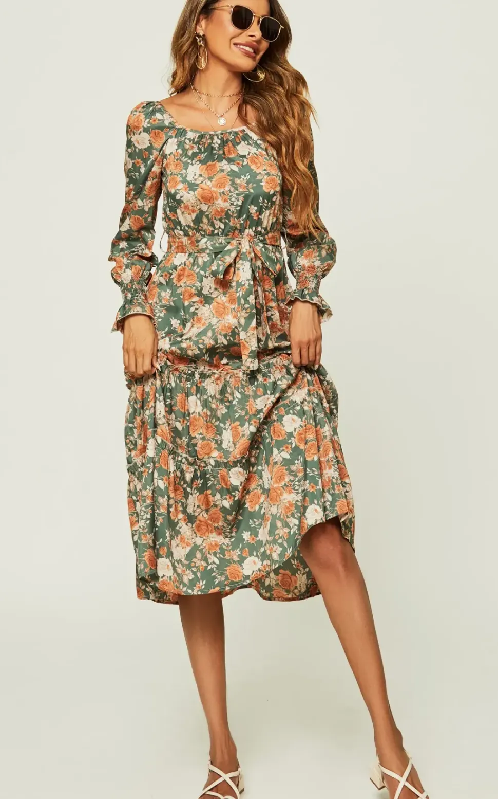 Square Neck Layered Ruffle Long Sleeves Midi Dress In Green Floral Print