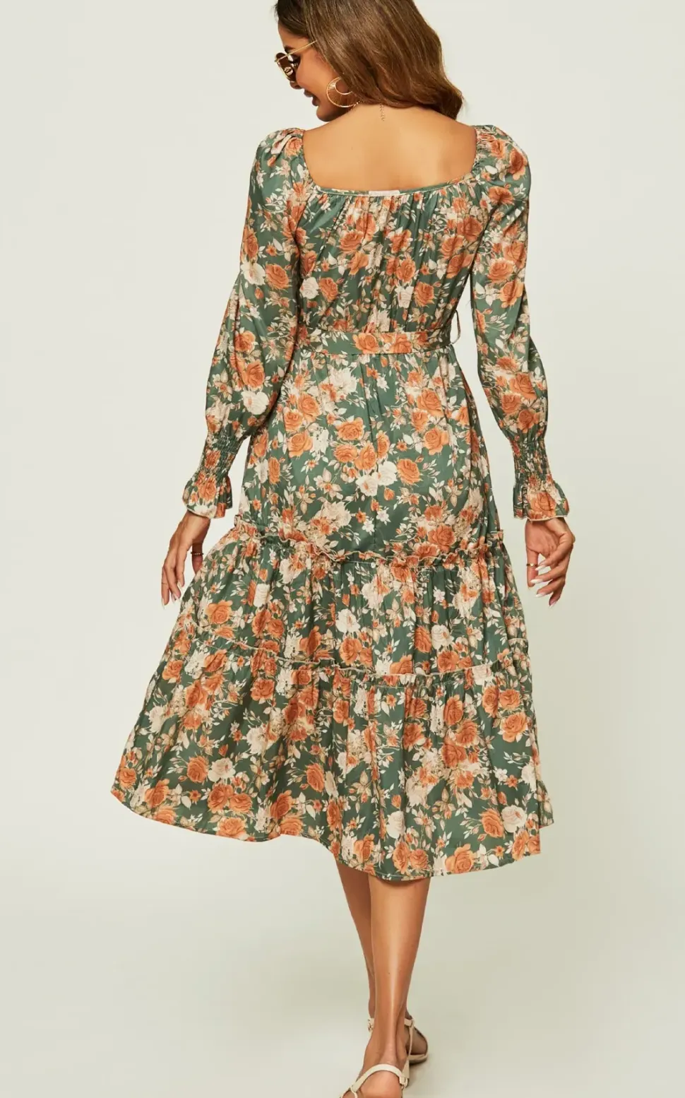 Square Neck Layered Ruffle Long Sleeves Midi Dress In Green Floral Print