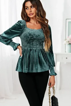 Square Neckline Long Sleeves Velvet Blouse Top In Grey Green