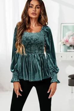 Square Neckline Long Sleeves Velvet Blouse Top In Grey Green