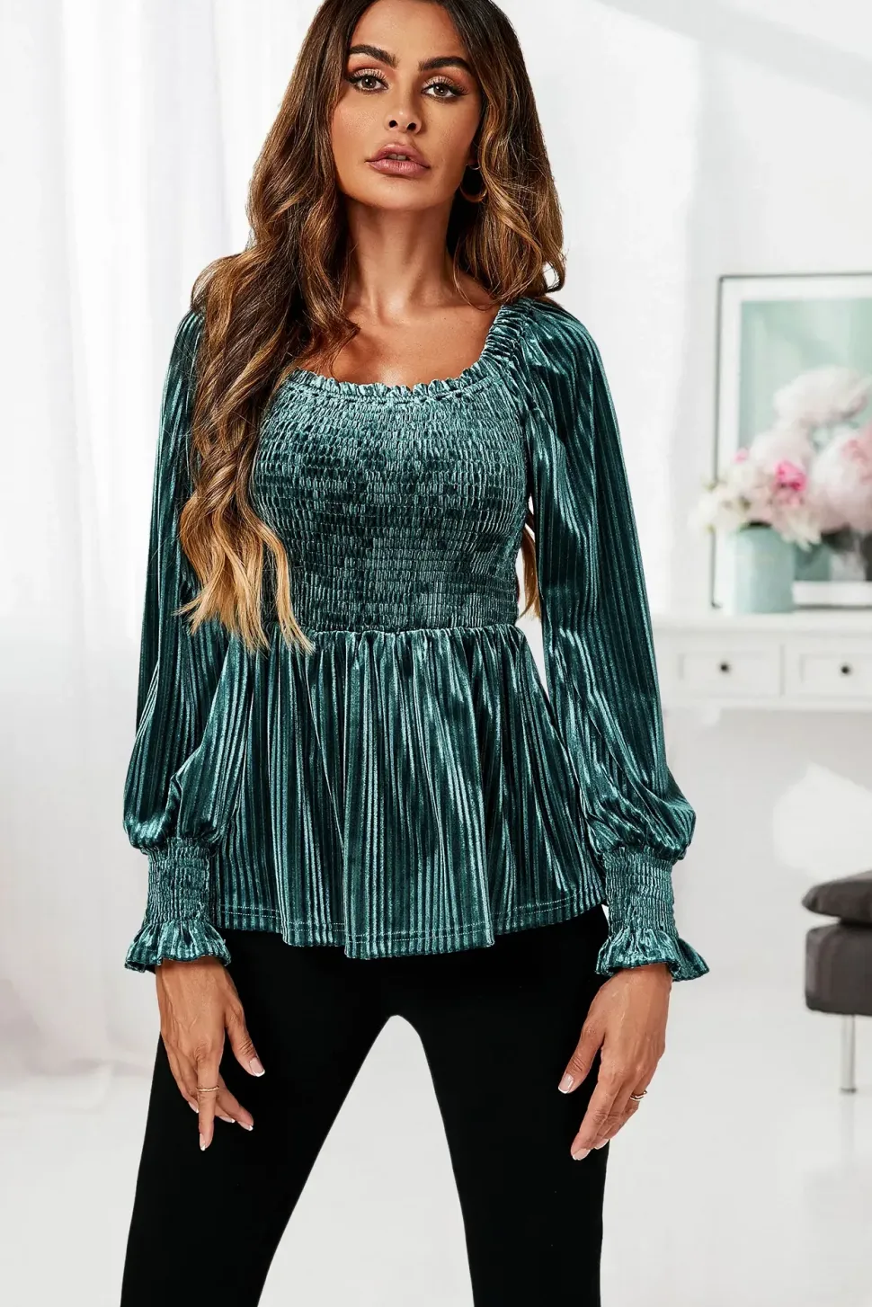 Square Neckline Long Sleeves Velvet Blouse Top In Grey Green
