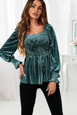 Square Neckline Long Sleeves Velvet Blouse Top In Grey Green