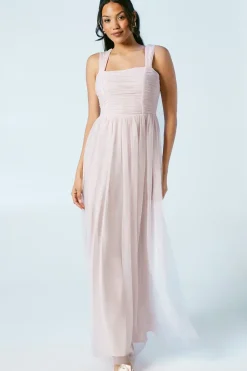 Square Neck Mesh Maxi Bridesmaid Dress