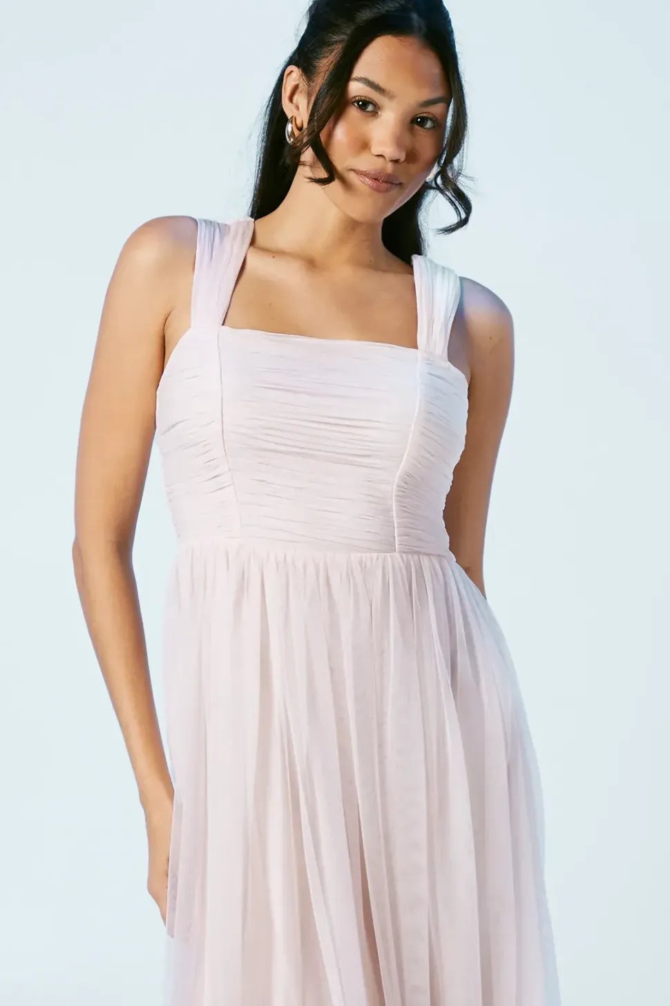 Square Neck Mesh Maxi Bridesmaid Dress