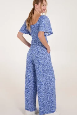 Square Neck Shirred Waist Angel Sleeve Wide Leg Jumpsuit