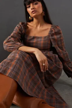 Square Neck Volume Sleeve Check Midi Dress