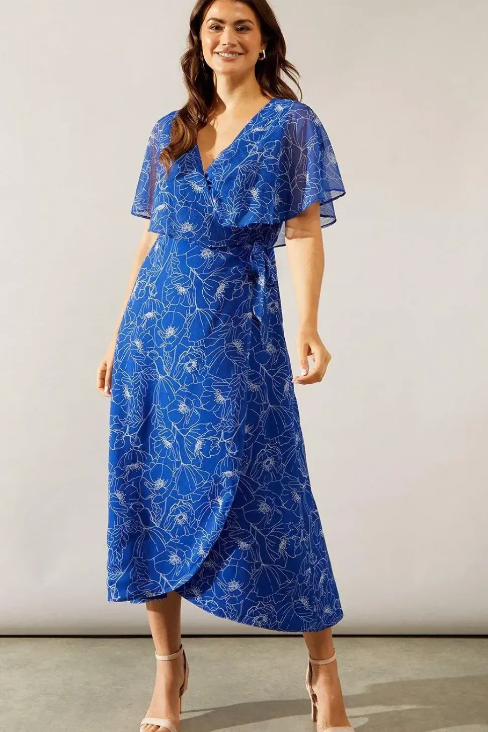 Stencil Floral Cape Sleeve Wrap Dress