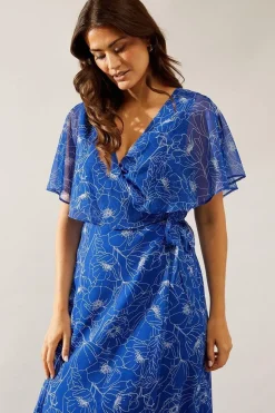 Stencil Floral Cape Sleeve Wrap Dress