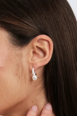 Sterling Silver 925 Cubic Zirconia Pave and Pearl Hoop Earrings