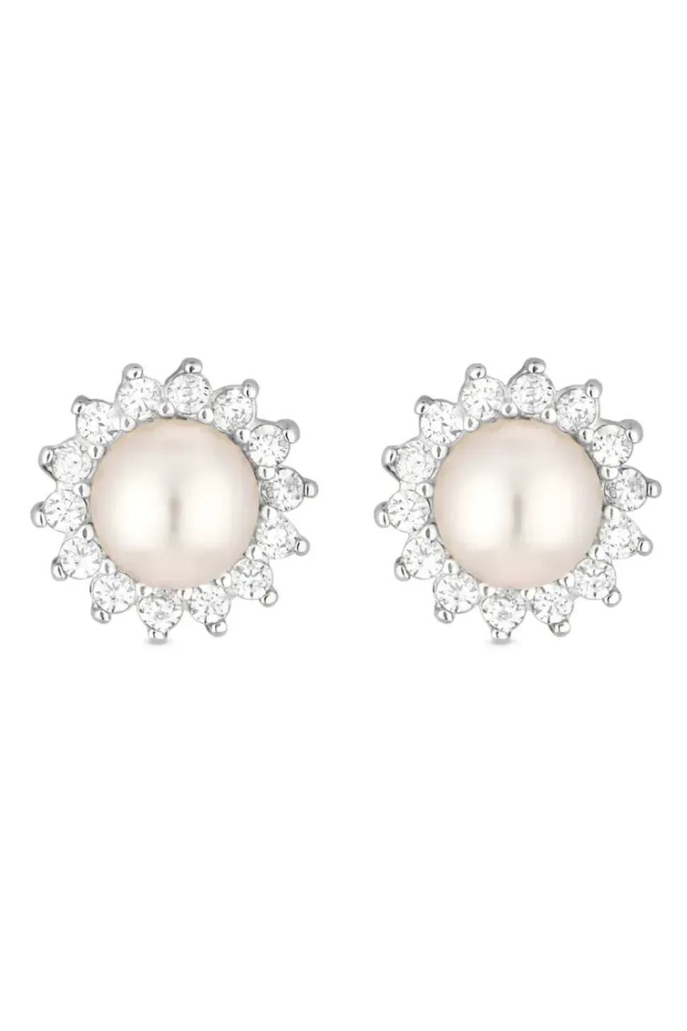 Sterling Silver 925 Freshwater Pearl And Cubic Zirconia Halo Stud Earrings