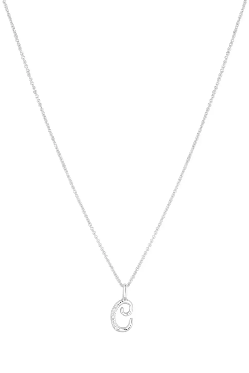 Sterling Silver 925 Polished and Cubic Zirconia Initial Pendant - C