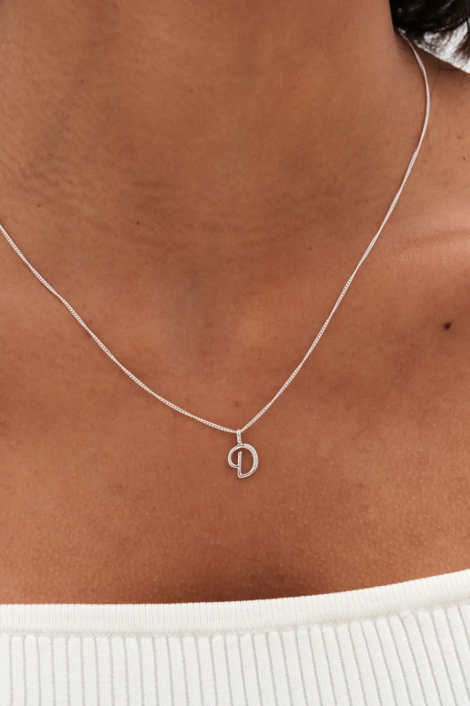 Sterling Silver 925 Polished and Cubic Zirconia Initial Pendant - D