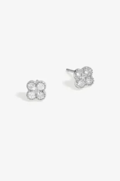 Sterling Silver 925 Polished and Cubic Zirconia Pave Clover Stud Earrings