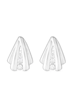 Sterling Silver 925 Polished And Cubic Zirconia Shell Stud Earrings