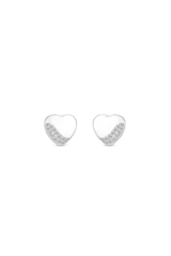 Sterling Silver 925 Polished and Pave Heart Stud Earrings