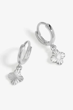 Sterling Silver 925 Polished Diamond Cut Clover Charm Hoop Earrings