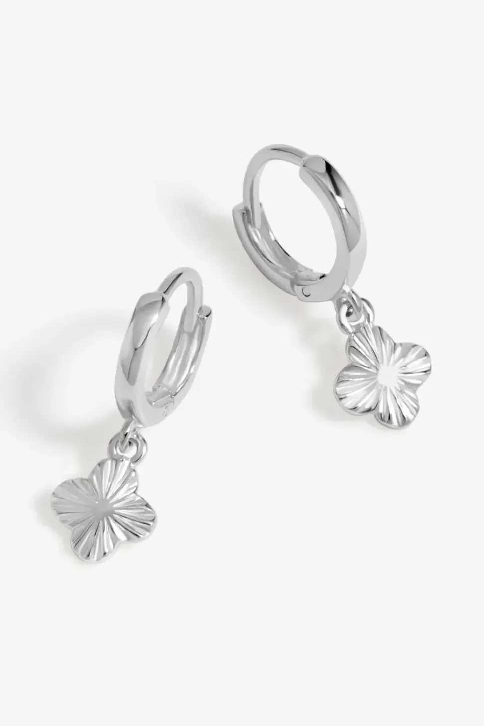 Sterling Silver 925 Polished Diamond Cut Clover Charm Hoop Earrings
