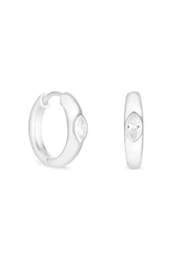 Sterling Silver 925 Polished Navette Centre Huggie Hoop Earrings