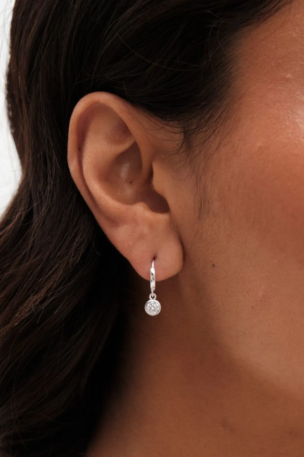 Sterling Silver 925 Polished Silver Crystal Besel Charm Hoop Earrings