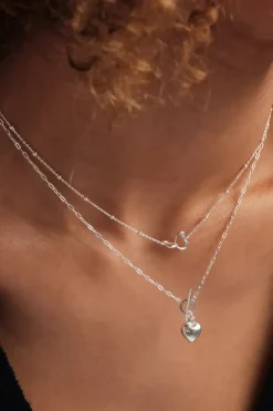 Sterling Silver 925 Puff Heart T Bar Necklace