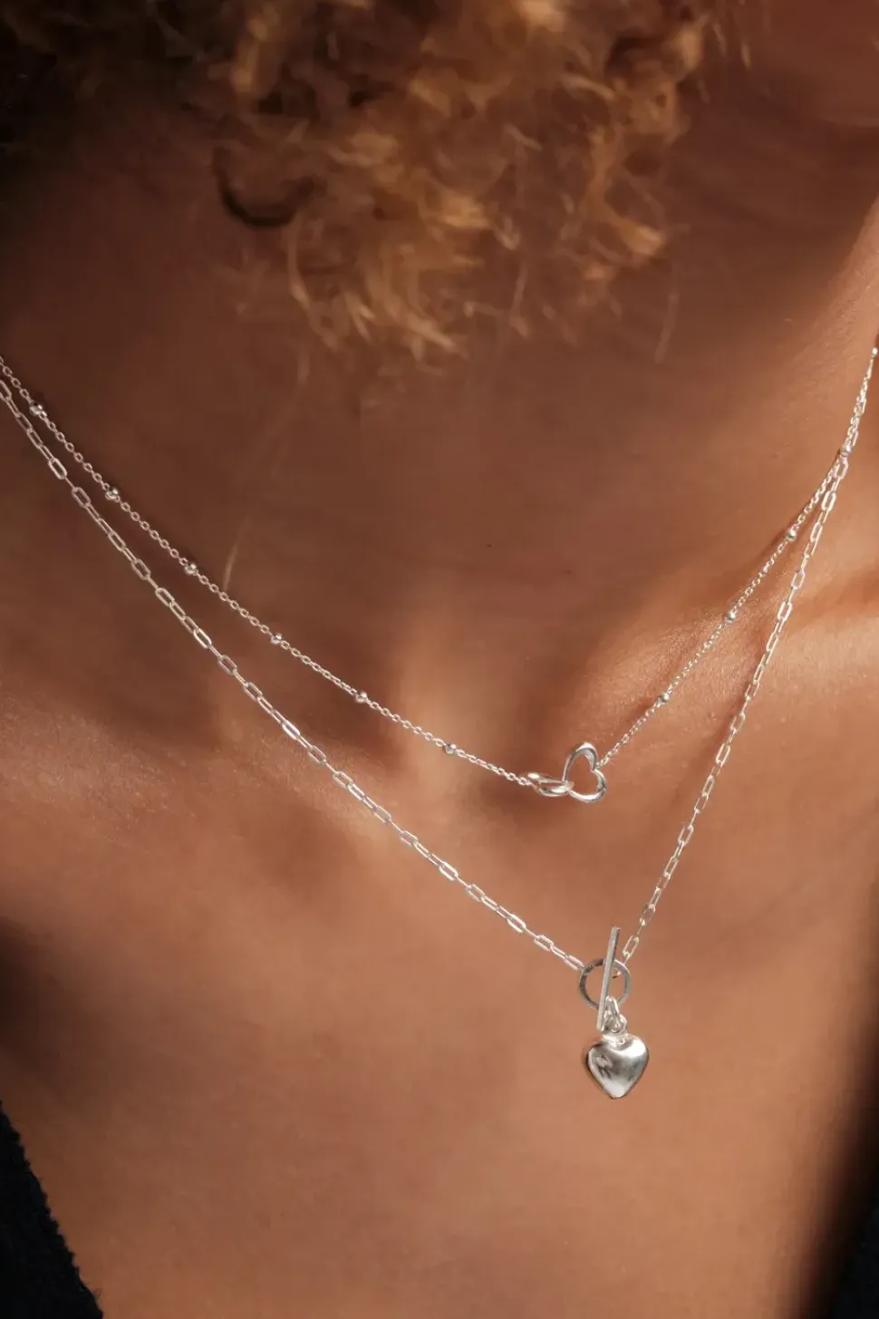 Sterling Silver 925 Puff Heart T Bar Necklace
