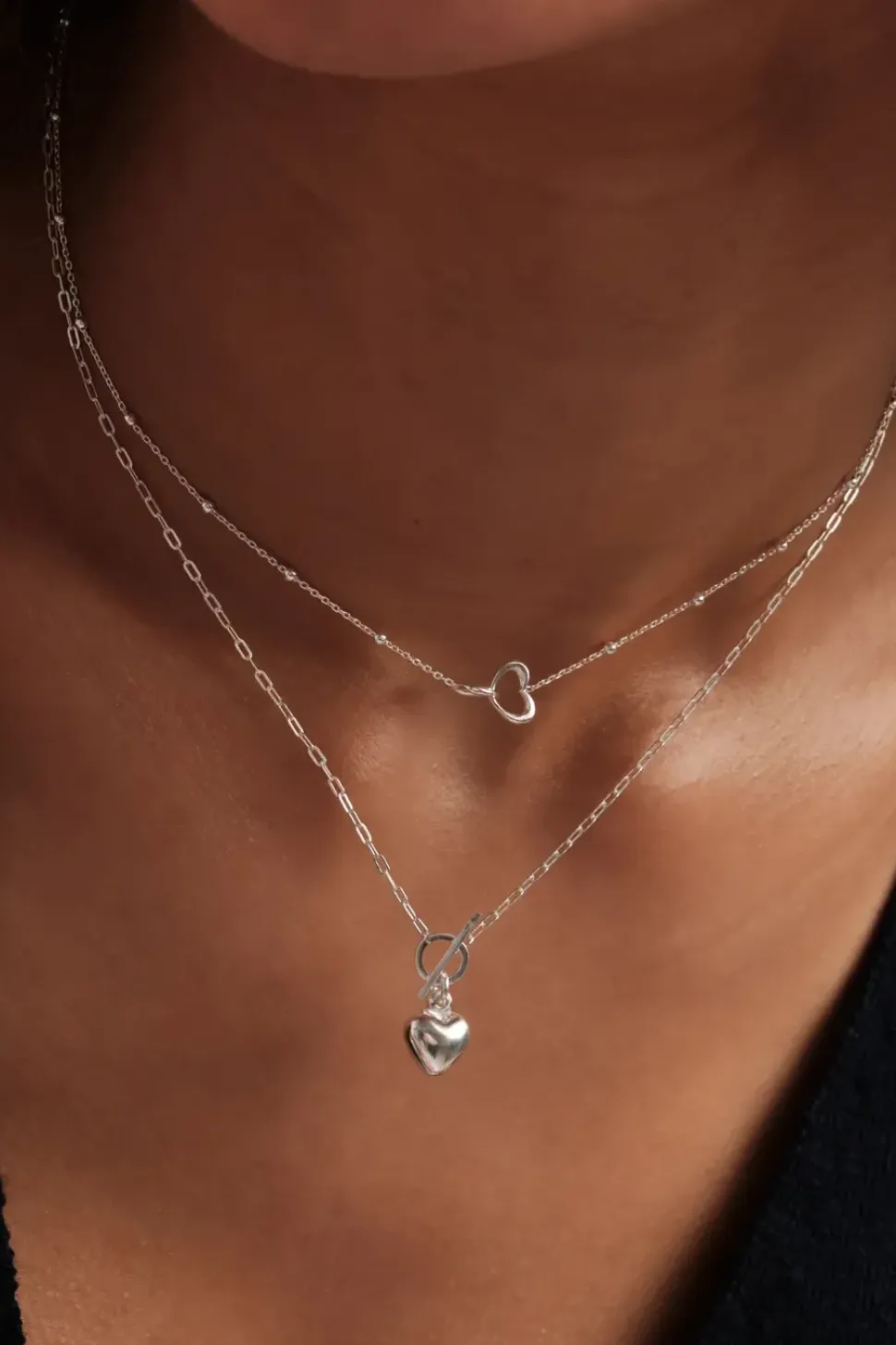 Sterling Silver 925 Puff Heart T Bar Necklace