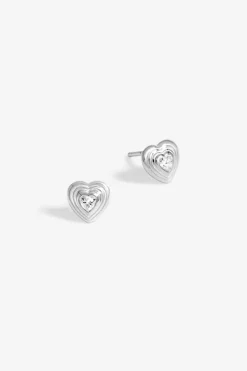 Sterling Silver 925 Ridged Heart Cubic Zirconia Stud Earrings