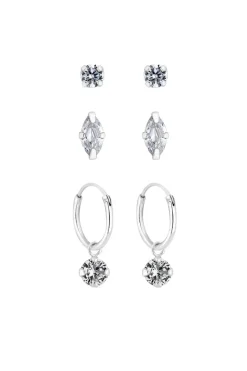 Sterling Silver 925 with Cubic Zirconia Charmed Hoop 3-Pack Earrings