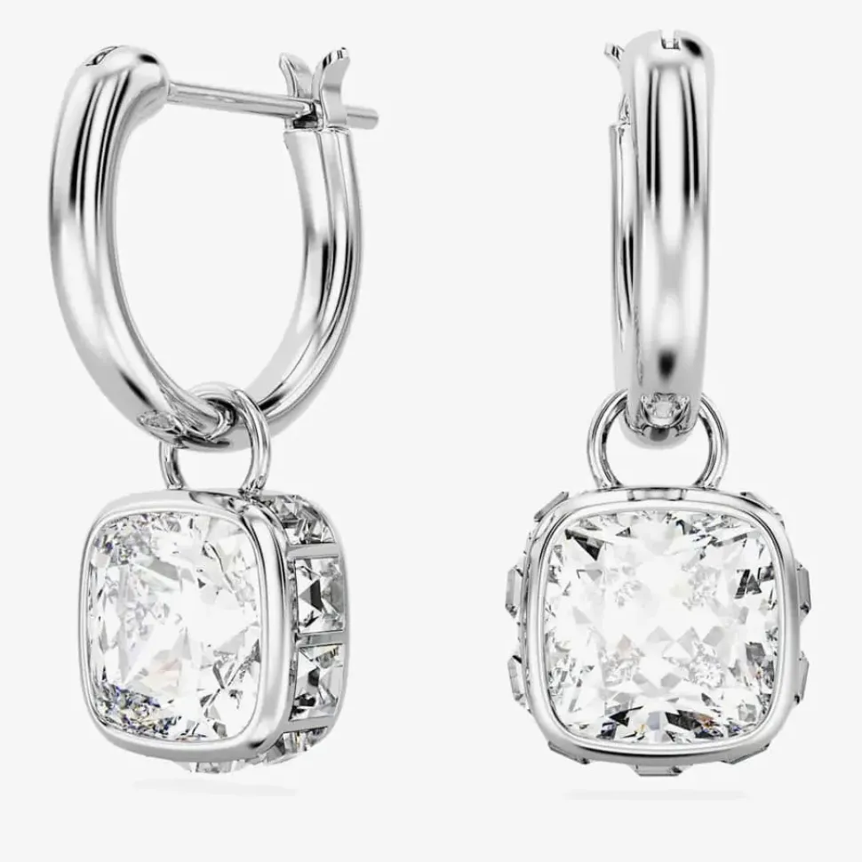 Stilla White Square Cut Rhodium Plated Hoop Earrings 5662919
