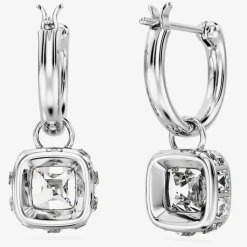 Stilla White Square Cut Rhodium Plated Hoop Earrings 5662919
