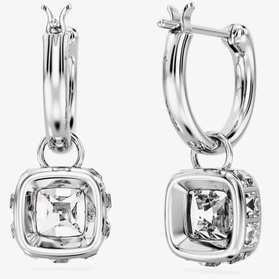 Stilla White Square Cut Rhodium Plated Hoop Earrings 5662919