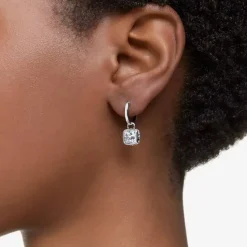 Stilla White Square Cut Rhodium Plated Hoop Earrings 5662919