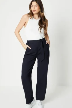 Stitch Detail Belted Wide Leg Trouser