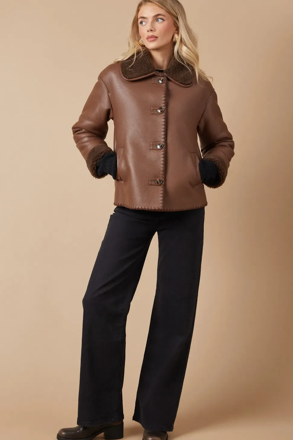 Stitch Detail Shearling Bonded Jacket