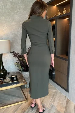 Stretch Cotton Utility Style 3/4 Sleeve Midi Dress