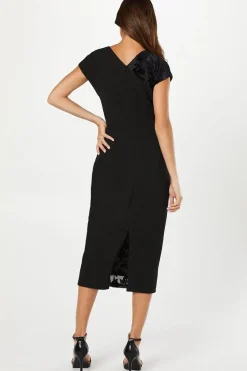 Stretch Crepe And Floral Devore Gathered Pencil Dress