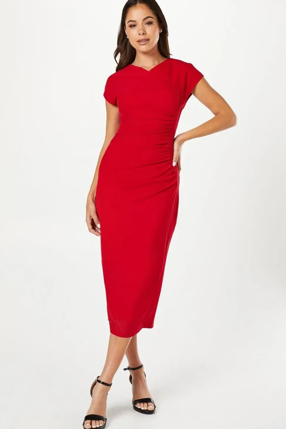 Stretch Crepe And Mesh Gathered Pencil Dress