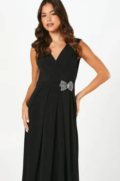 Stretch Jersey Pleated Bodice Maxi Dress With Diamante Brooch