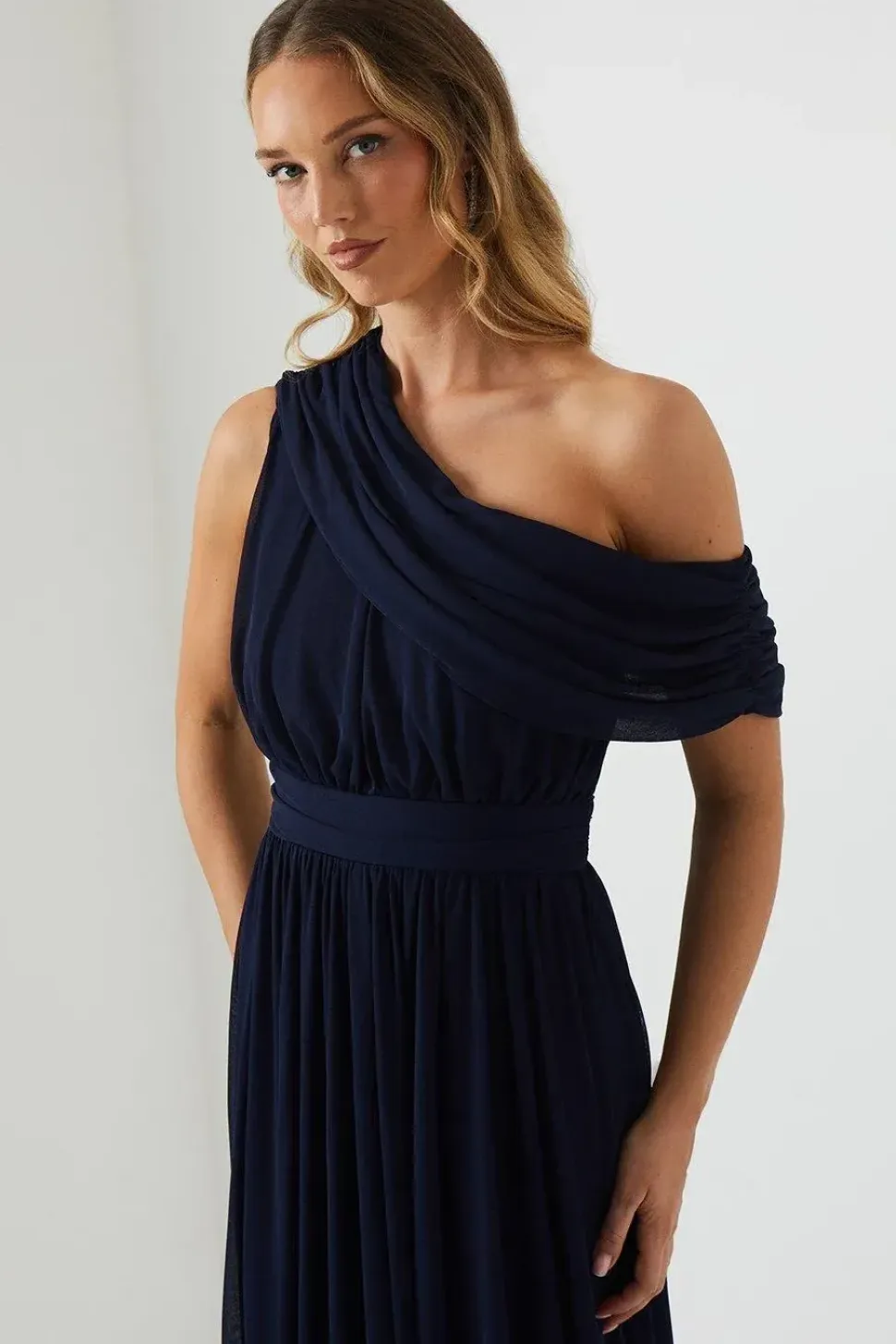 Stretch Mesh Fallen Shoulder Bridesmaid Dress