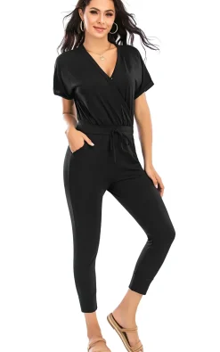Stretch Wrap Jumpsuit With V Neck In Black