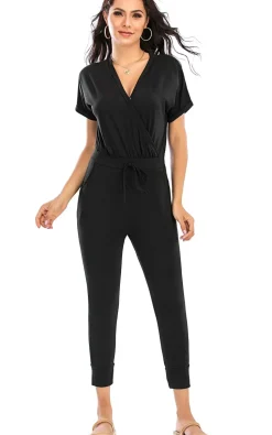 Stretch Wrap Jumpsuit With V Neck In Black