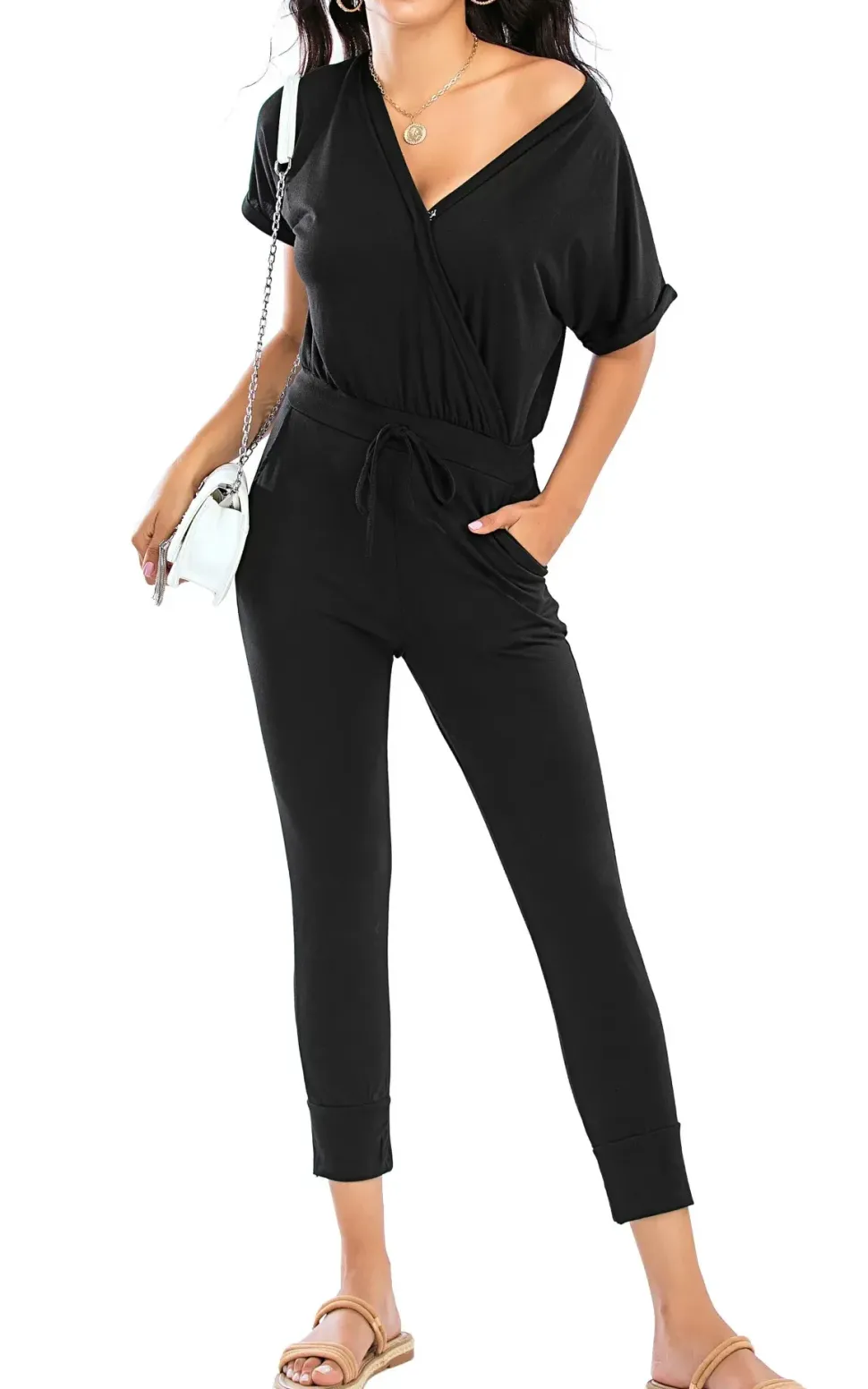 Stretch Wrap Jumpsuit With V Neck In Black