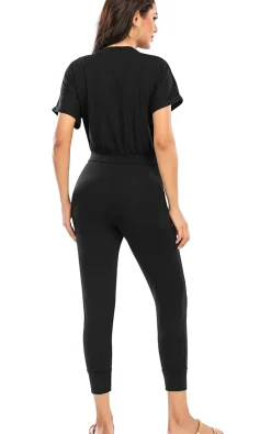 Stretch Wrap Jumpsuit With V Neck In Black