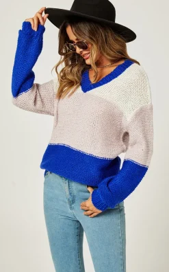 Stripe Block Colour Relaxed Knit Jumper Top In Blue & White