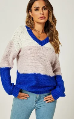 Stripe Block Colour Relaxed Knit Jumper Top In Blue & White