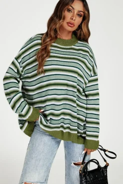 Stripe Block Relaxed Knit Jumper Top In Green