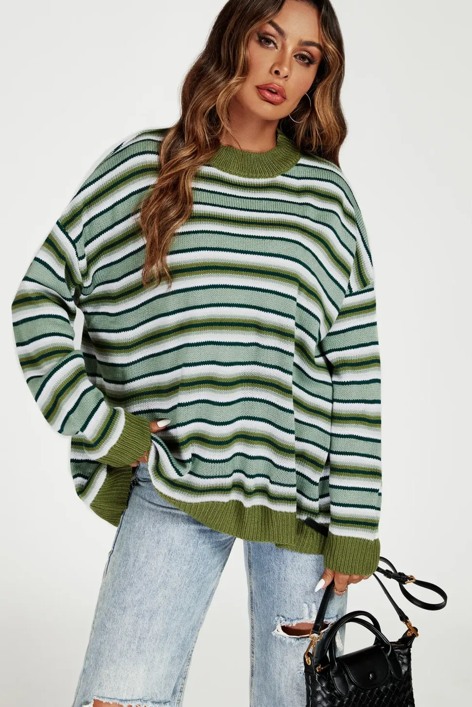Stripe Block Relaxed Knit Jumper Top In Green