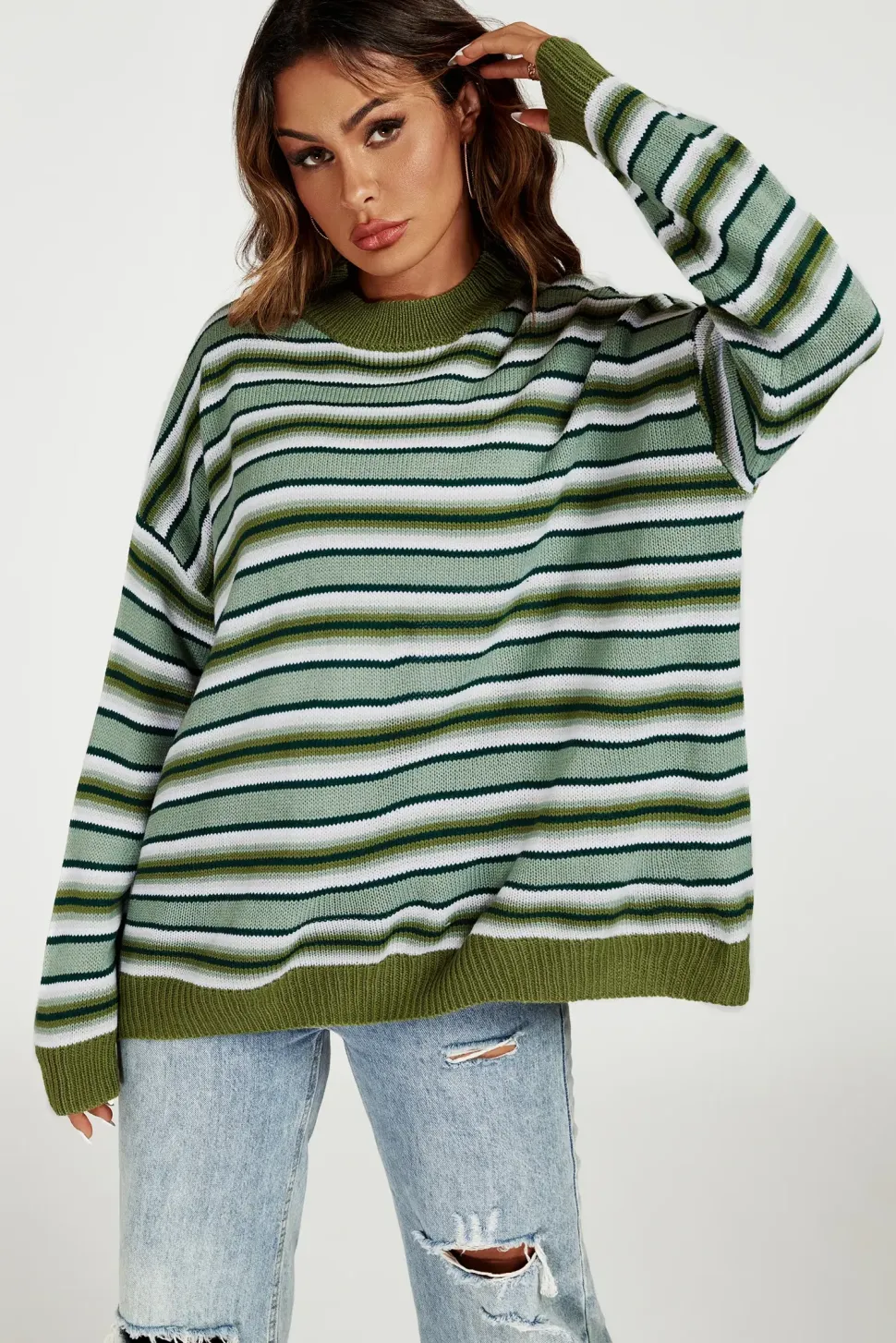 Stripe Block Relaxed Knit Jumper Top In Green