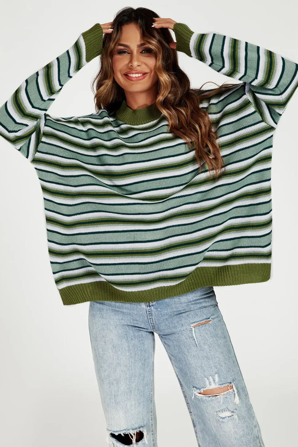 Stripe Block Relaxed Knit Jumper Top In Green