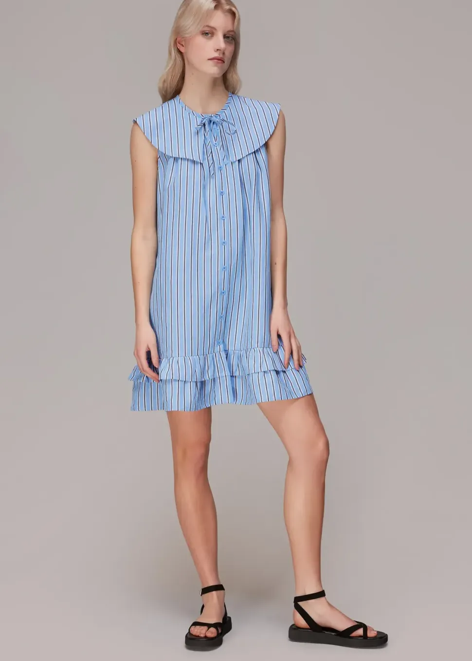 Stripe Collar Trapeze Dress-Striped